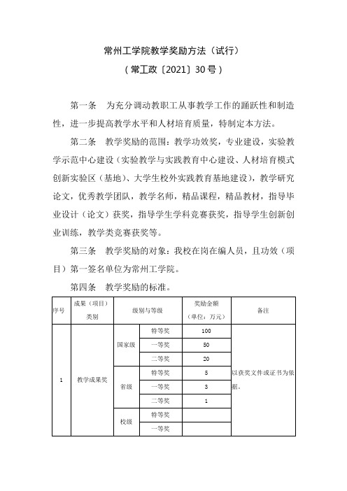 常州工学院教学奖励方法试行