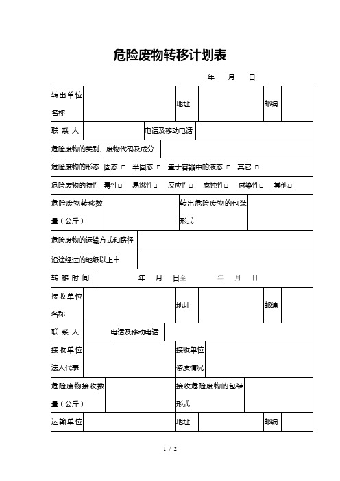 危险废物转移计划表