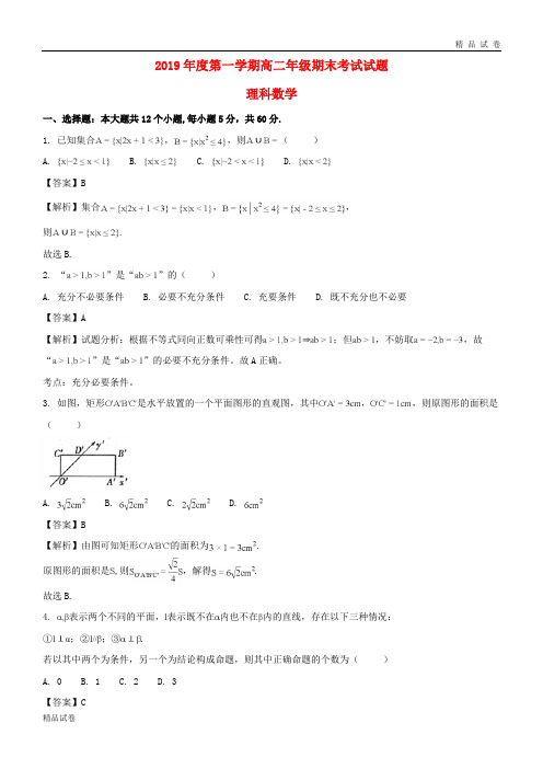 2019学年高二数学上学期期末考试试题 理(含解析)