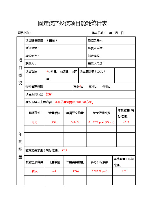 固定资产投资项目能耗统计表(通用)