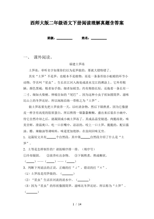 西师大版二年级语文下册阅读理解真题含答案