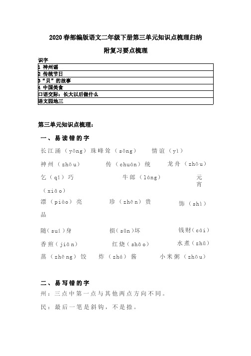 2020春部编版语文二年级下册第三单元知识点梳理归纳 附复习要点梳理(识字)