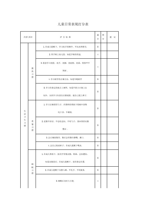 儿童日常表现打分表