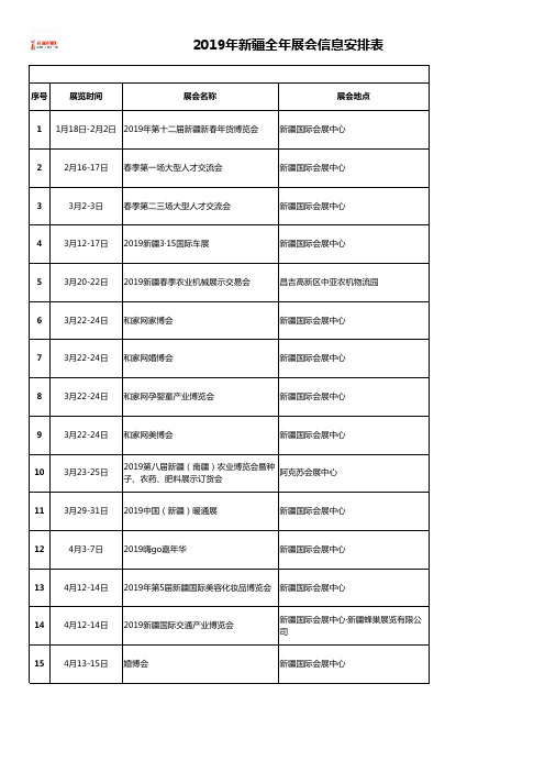 新疆2019年展会信息排期表(最新)