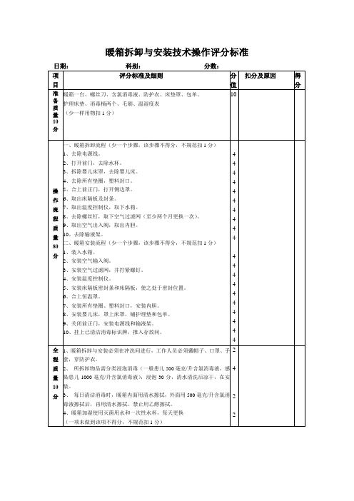 暖箱的拆卸与安装技术操作评分标准