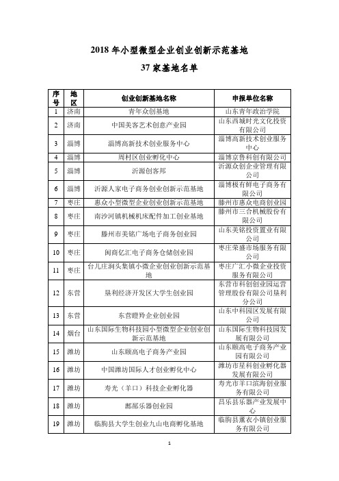 2018年小型微型企业创业创新示范基地