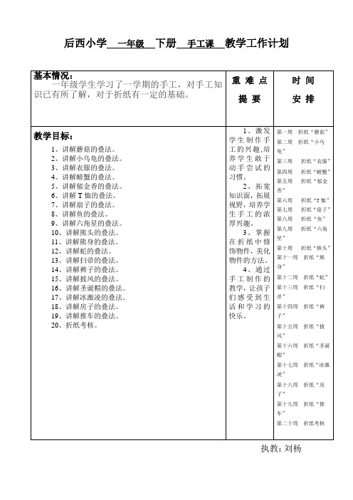 一年级下手工课教学计划