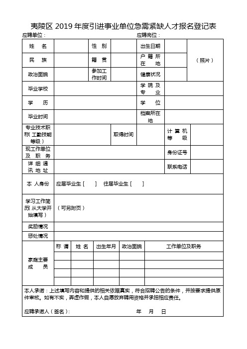 夷陵区2019年度引进事业单位急需紧缺人才报名登记表