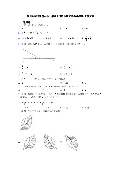 深圳罗湖区罗湖中学七年级上册数学期末试卷及答案-百度文库