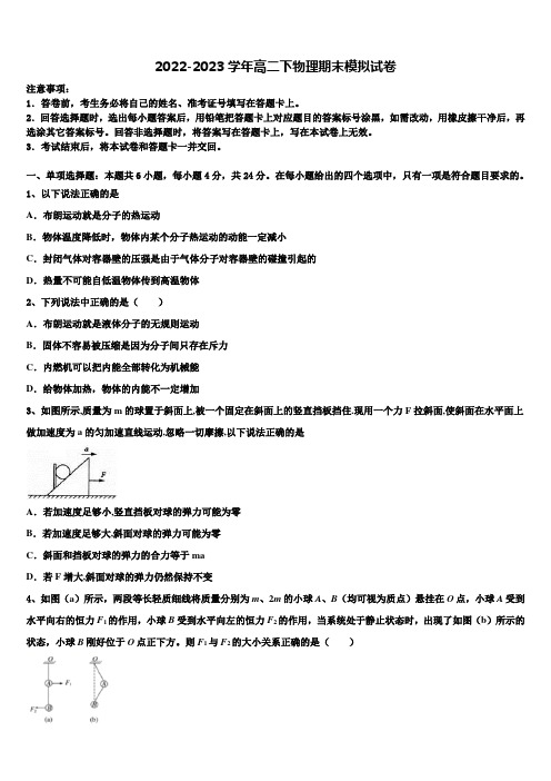 2023年贵州毕节大方县三中 高二物理第二学期期末质量检测试题含解析