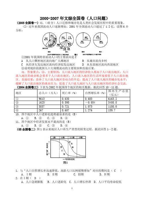 2000-2007年文综全国卷(人口问题)