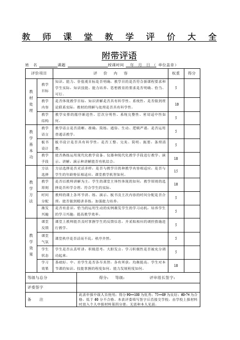 教师课堂教学评价大全含带评语