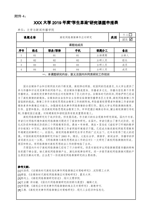 XXX学院“学生思政”研究课题申报表