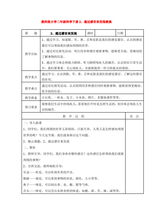 【科学】教科版小学二年级科学下册2、通过感官来发现教案