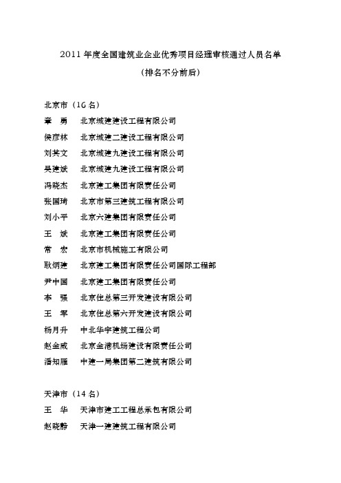 2011年度全国建筑业企业优秀项目经理审核通过人员名单