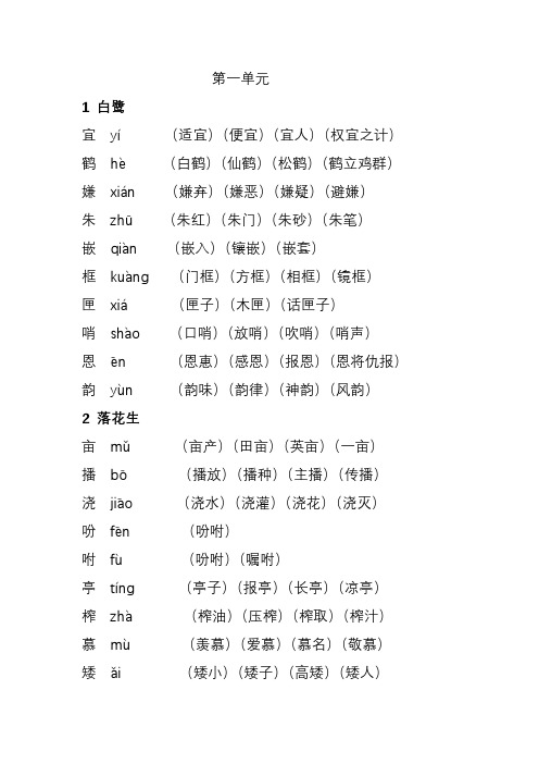 2020部编版语文五年级上册生字注音组词(第一单元)