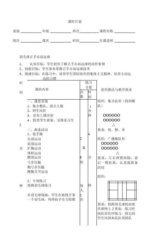 人教九年级体育5.1羽毛球正手击高远球教案