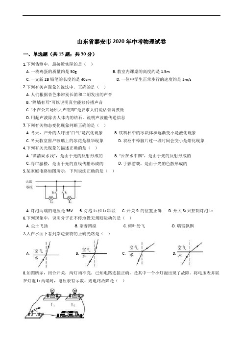 山东省泰安市2020年中考物理试卷