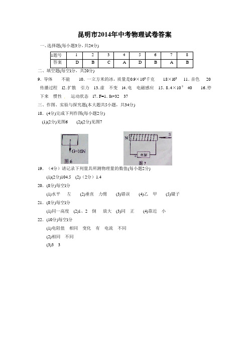 B260物理中考-昆明市2014年中考物理试卷答案