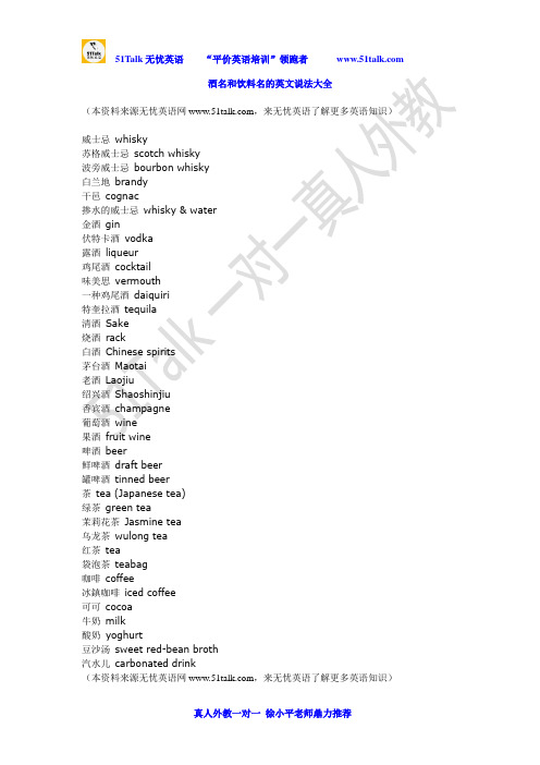 酒名和饮料名的英文说法大全