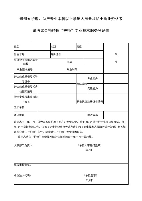 贵州省护理、助产专业本科以上学历人员参加护士执业资格考试考试合格聘任“护师”专业技术职务登记表