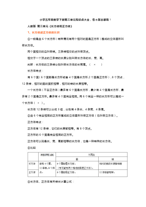 小学五年级数学下册第三单元知识点大全,各个版本都有!