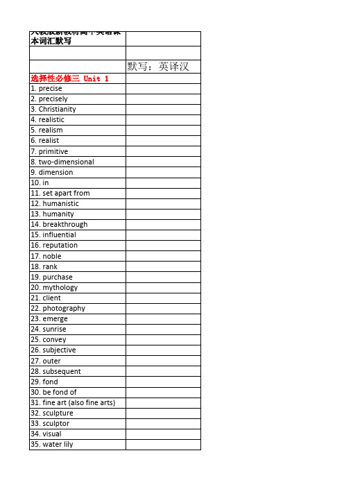 人教版新教材高中英语选择性必修三词汇默写(英译汉)