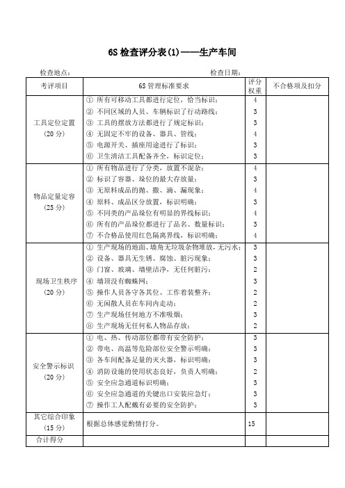 S检查评分表