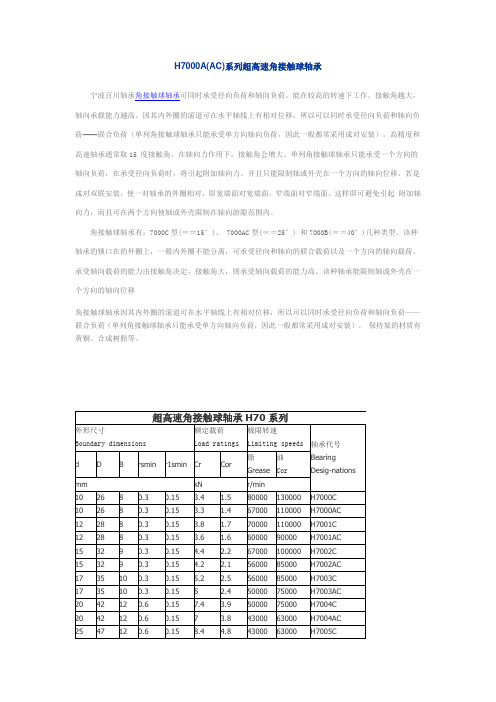 H7000A(AC)系列超高速角接触球轴承(型号尺寸表)