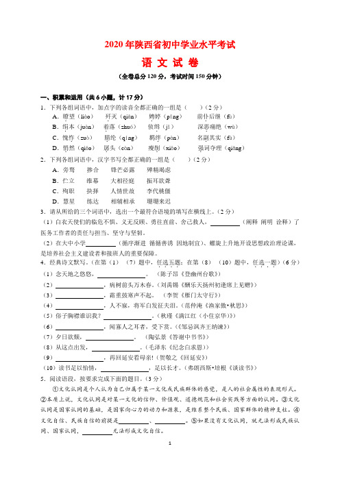 2020年陕西省中考语文试题及参考答案(word解析版)