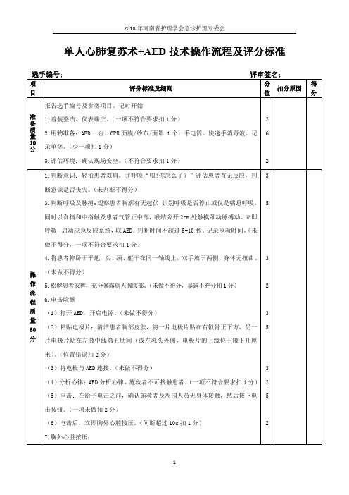 2018单人心肺复苏+AED操作流程及评分标准