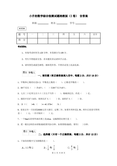 小升初数学综合检测试题湘教版(I卷) 含答案