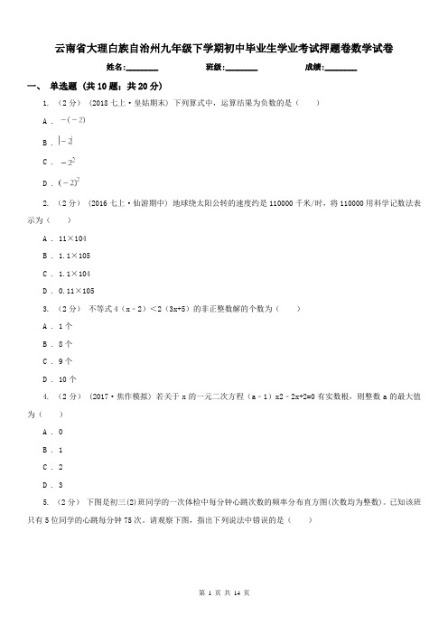 云南省大理白族自治州九年级下学期初中毕业生学业考试押题卷数学试卷