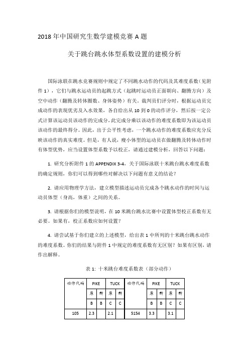 2018第十五届“华为杯”中国研究生数学建模竞题A题 关于跳台跳水体型系数设置的建模分析