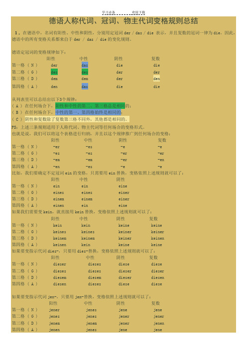 德语人称代词物主代词冠词变格规则