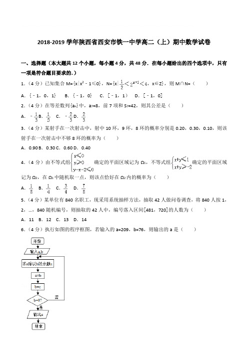 【精品】2018学年陕西省西安市铁一中学高二上学期期中数学试卷和解析