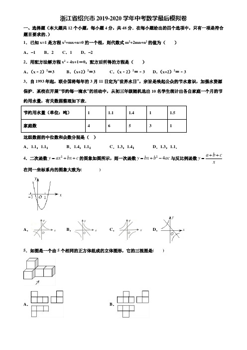 浙江省绍兴市2019-2020学年中考数学最后模拟卷含解析