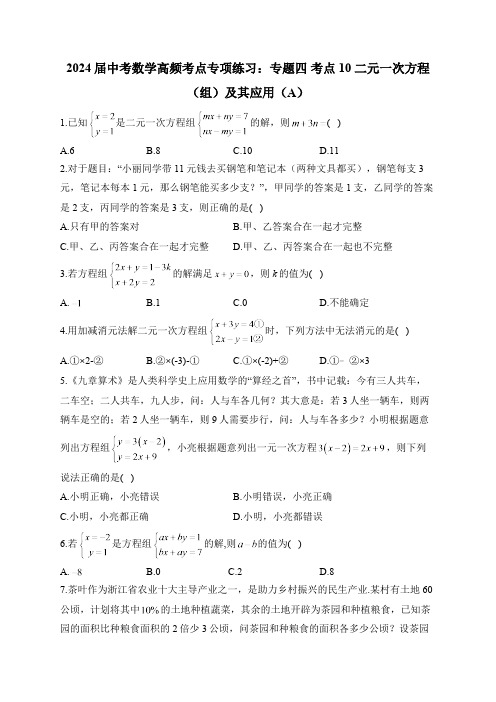 2024届中考数学高频考点专项练习：专题四 考点10 二元一次方程(组)及其应用(A)及答案