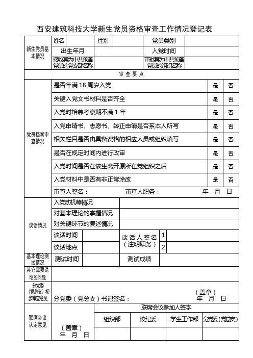 西安建筑科技大学新生党员资格审查工作情况登记表