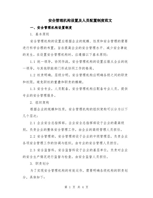 安全管理机构设置及人员配置制度范文