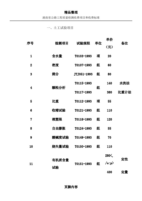 湖南省公路工程质量检测收费项目和收费标准