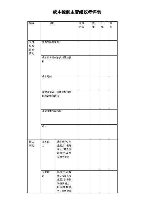 成本控制主管绩效考评表