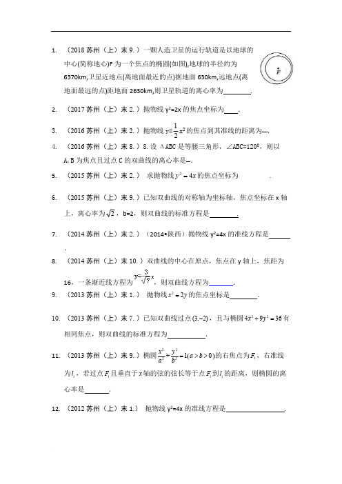 江苏省苏州市2010-2018年高二数学第一学期期末试题分类汇编及答案：圆锥曲线基本性质