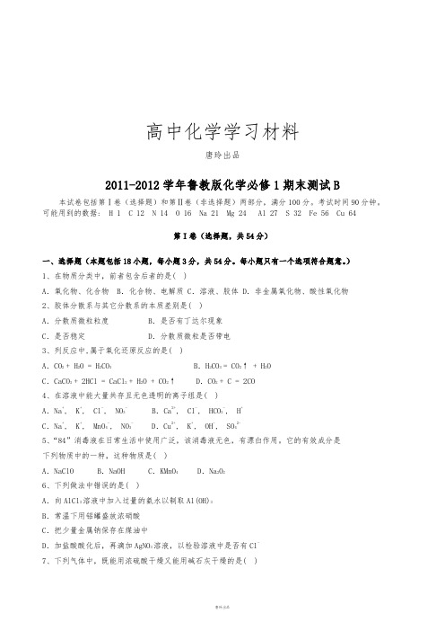 鲁科版高中化学必修一期末测试B.doc