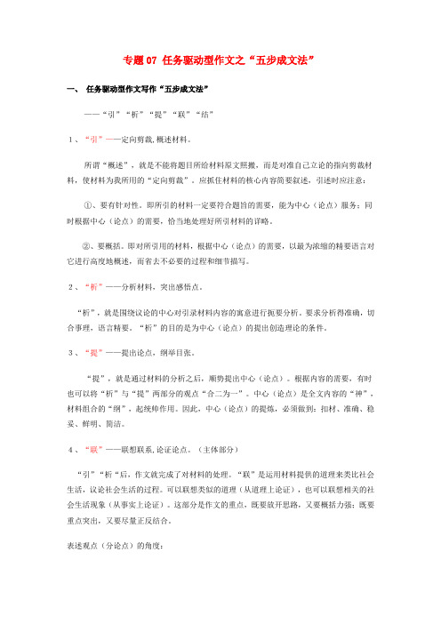 2019届高考语文复习指导 专题07 任务驱动型作文之“五步成文法”学案