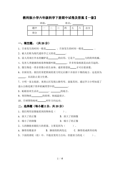 教科版小学六年级科学下册期中试卷及答案【一套】