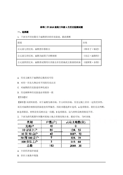 安徽省蚌埠市第二中学2018届高三4月月考历史试题 Word版含解析