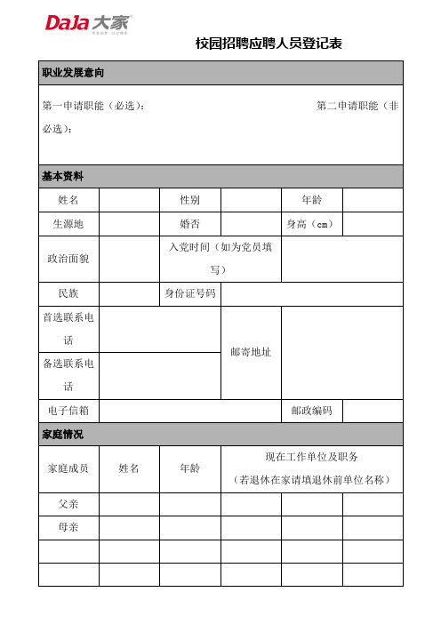 校园招聘应聘人员登记表