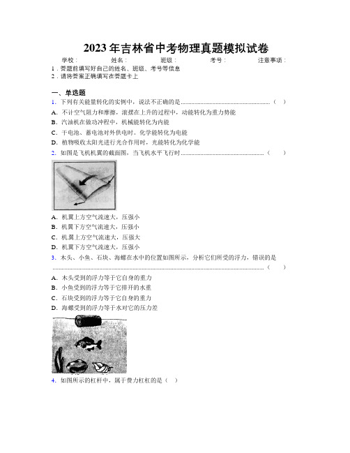 2023年吉林省中考物理真题模拟试卷附答案