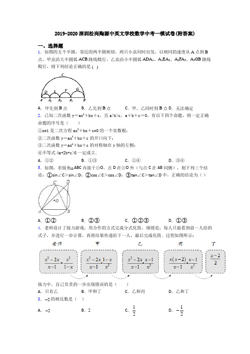2019-2020深圳松岗陶源中英文学校数学中考一模试卷(附答案)